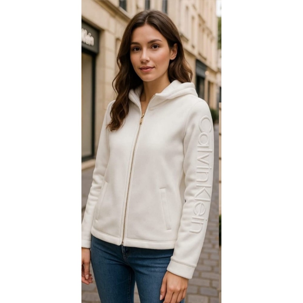 Calvin Klein Women White Fleece Hooded ZipJacket Cozy Performance Logo Size L